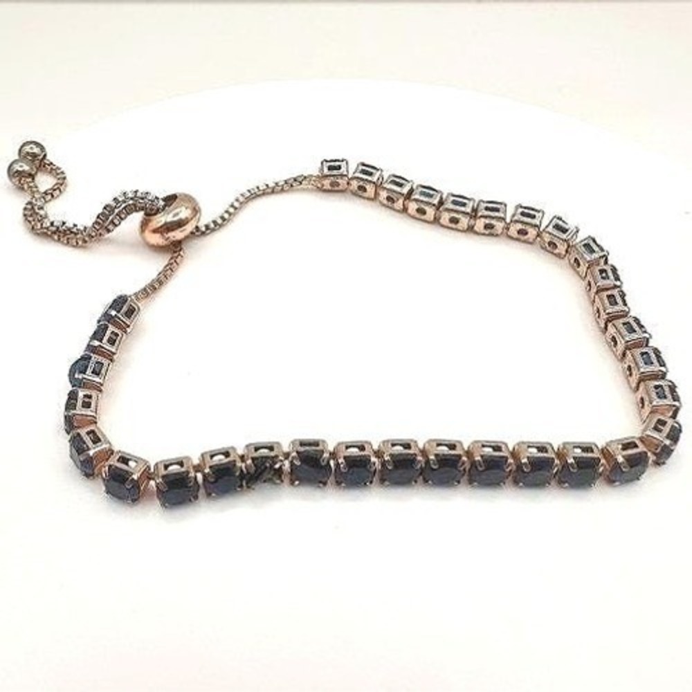 Vintage 90s Y2K Rose Gold Tone Blue Sapphire CZ Bolo Tennis Bracelet Statement